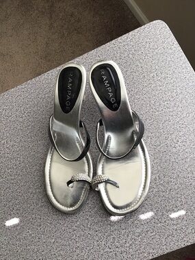 Rampage Silver and Black Rhinestone Toe-Loop Slide Sandals